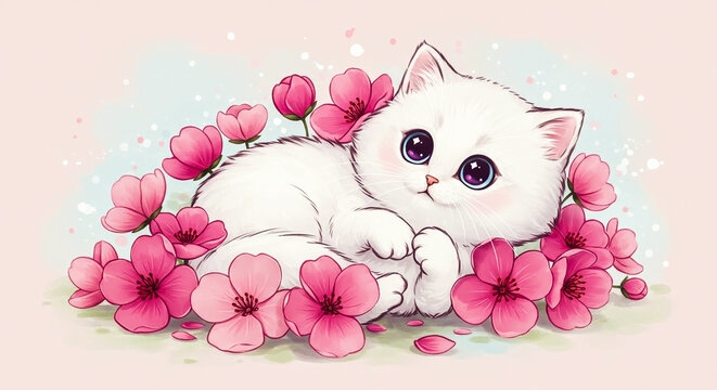 Adorable watercolor illustration of a fluffy white kitten with big purple eyes among pink cherry blo