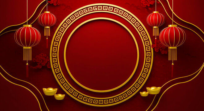 Festive Lunar New Year background with red lanterns, golden sycees, and a traditional decorative fra
