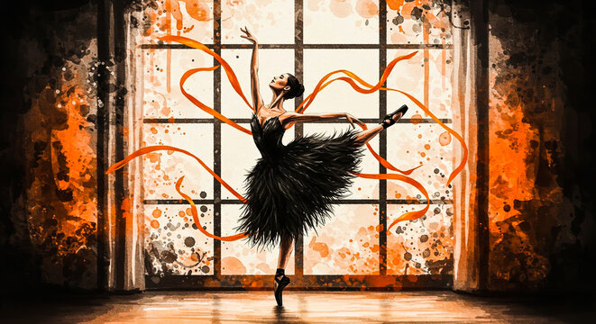 Dramatic Watercolor Painting of Ballerina in Black Tutu with Orange Ribbons