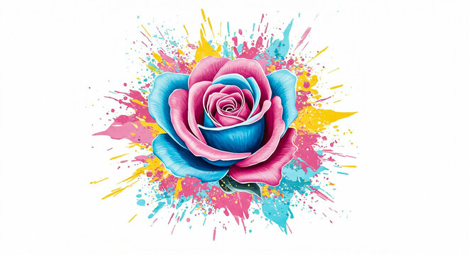 Vibrant Pink and Blue Fantasy Rose Illustration with Dynamic Color Splatters.