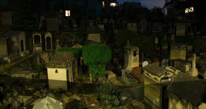 Montmartre Cemetery Paris France Night Timelapse 4K