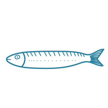 Funny Cartoon Fish. Sardine Icon Isolated on Background. Mediterranean Seafood. Tina Hand Drawn Character. Omega Oil Symbol. Summer Travel Logo Mascot Cute Marine Mackerel Fish Contour. 