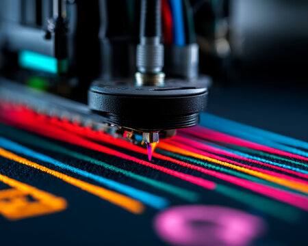 a close-up of a t-shirt being printed by a DTG printer, precise ink application	
