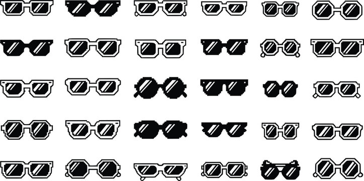 Set of pixel art sunglasses icons on white background