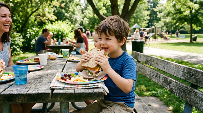 Child enjoying sandwich at picnic table with smiling woman, outdoor gathering in park. Concept of family bonding, outdoor dining, or summer activities.