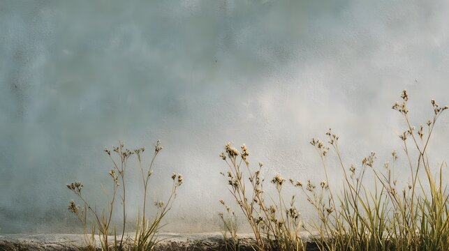 Delicate wild grasses and white blooms frame a soft textured atmospheric backdrop under muted natural lighting