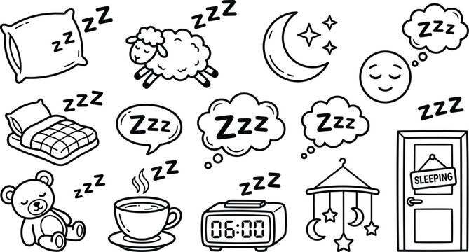 Sleep and bedtime doodle set featuring pillows sheep moon and alarm clock icons