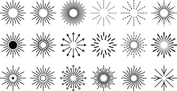 Sunburst and starburst vector collection in line art style for vintage design and illustration