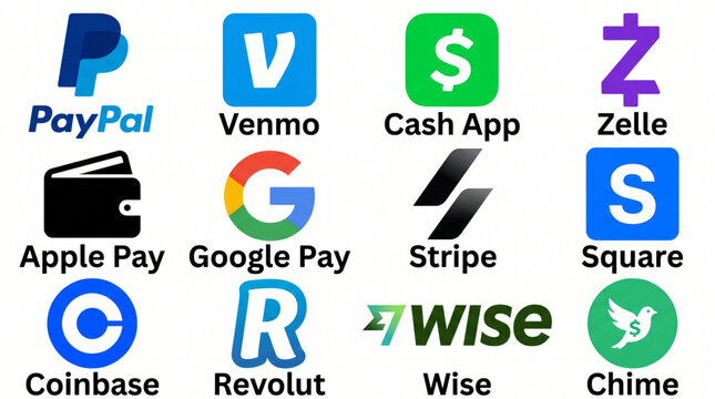 PayPal, Venmo, Cash App, Zelle, Apple Pay, Google Pay, Stripe, Square, Coinbase, Revolut, Wise, Chime logo icon set. Popular digital payment apps and mobile banking money transfer services