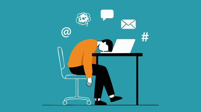Employee suffering from burnout and digital overload at work desk with laptop