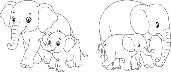 Cute Elephant Family Coloring Page – Parent and Baby Elephants Cartoon for Kids © Sakib8771