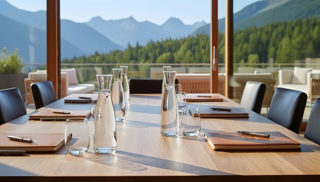 Horizontal photography of business retreat concept featuring a luxury conference table with mountain views for a corporate team retreat and strategic planning session