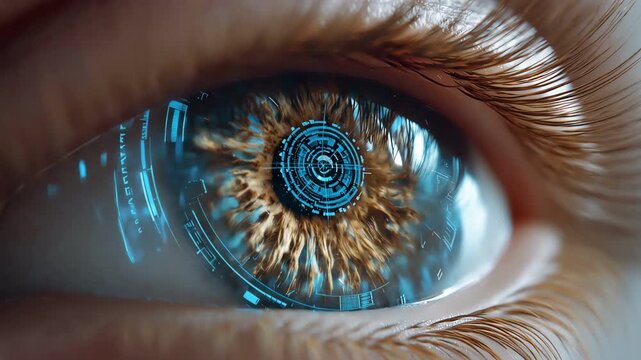 One human eye looking with glowing blue digital hud interface.
