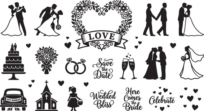 Wedding silhouette collection with bride groom cake rings floral heart and romantic typography elements in vector format