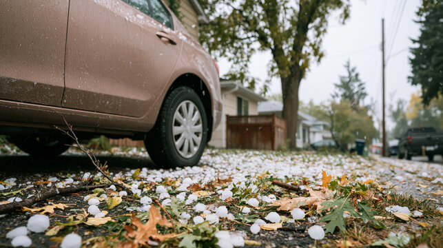 Hail falls on a late model sedan car in a driveway, suburban neighborhood, parked in front of house. hail stones on ground, hail-damaged house car weather, insurance claim Severe storm, low angle