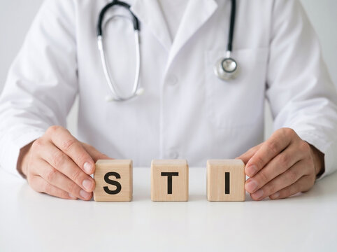 medical doctor behind sti wooden blocks representing sexual health and infection awareness concept