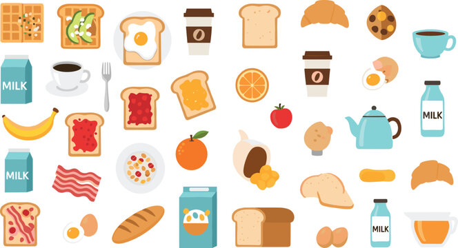 Breakfast food icons collection with toast coffee milk fruits and pastries, morning meal elements set, flat vector illustration isolated on light background