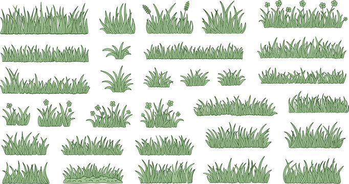 Various styles of green grass elements, perfect for natural backgrounds and borders