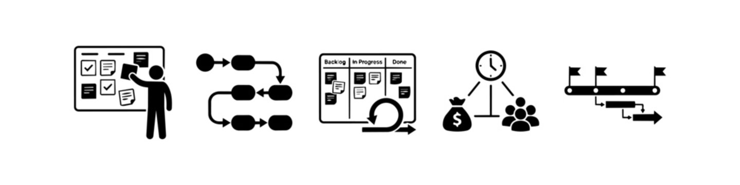 Professional set of agile project management icons featuring Kanban boards, flowcharts, sprint cycles, resource allocation, and timelines for business strategy and planning presentations.