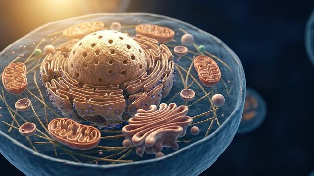Animal cell, microscopic organism structure, displaying nucleus, mitochondrion, endoplasmic reticulum, golgi apparatus, cytoplasm, membrane, various organelles, fundamental biological unit.