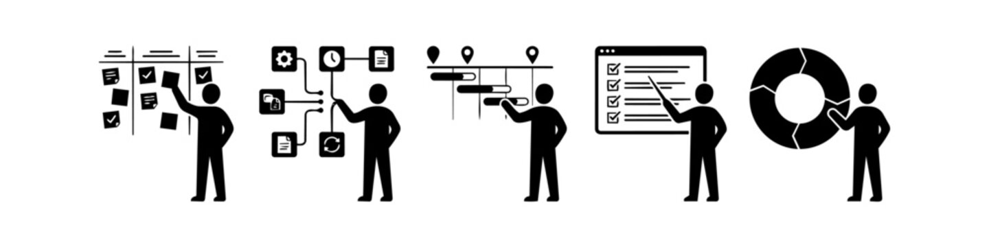 Set of black project management icons featuring stick figures with a Kanban board, workflow, timeline, checklist, and lifecycle cycle. Minimalist vector pictograms for agile business planning.