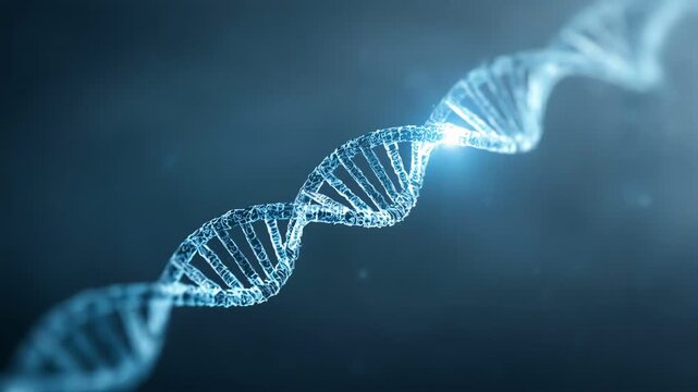 One person finger pressing a glowing crystalline digital blue DNA strand.