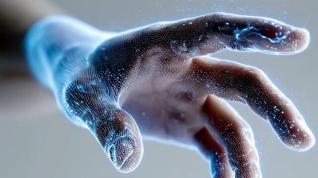 One person conceptual hand glowing with bright blue digital lightning.