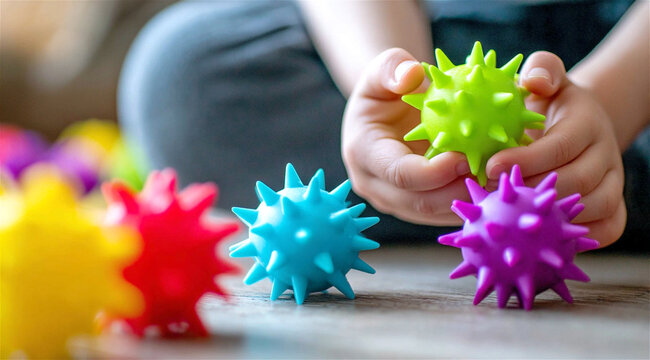 kid hands playing with colorful spikey sensory ball. Child developing motor skill with rubber toy. Educational tactile game for toddler sensory integration and early development therapy