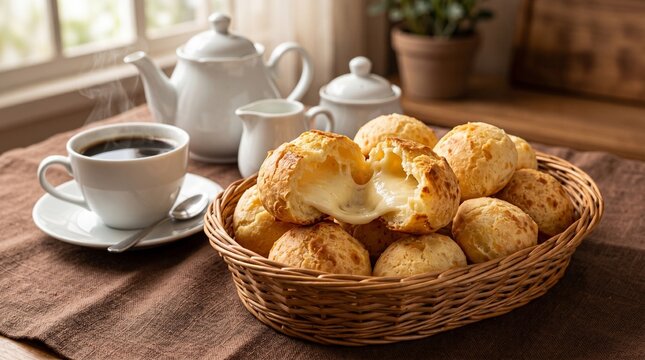 Traditional Brazilian cheese bread (p&atilde;o de queijo) in a basket with creamy stuffing and a cup of black coffee - breakfast concept.
