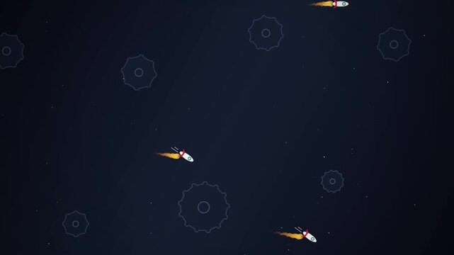 Animated rockets flying across space with gear outlines for business growth and industrial progress.