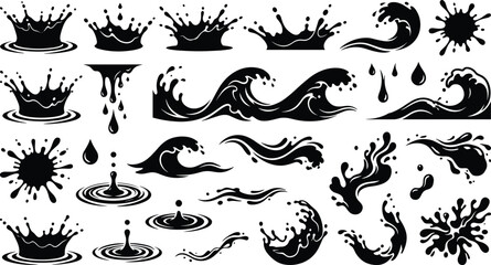 Black water splash and ocean wave silhouettes set in flat minimalist vector style © MDMizanur