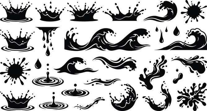 Black water splash and ocean wave silhouettes set in flat minimalist vector style