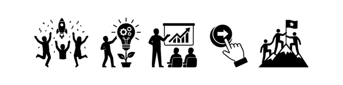 Set of black business concept icons representing startup launch, creative innovation, professional presentation, taking action, and team achievement reaching a mountain summit.