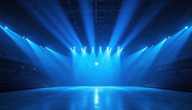Empty concert arena with rows of seats and bright blue stage lights creating dramatic atmosphere. Modern venue setup for show or performance. Spectacle ready for audience.