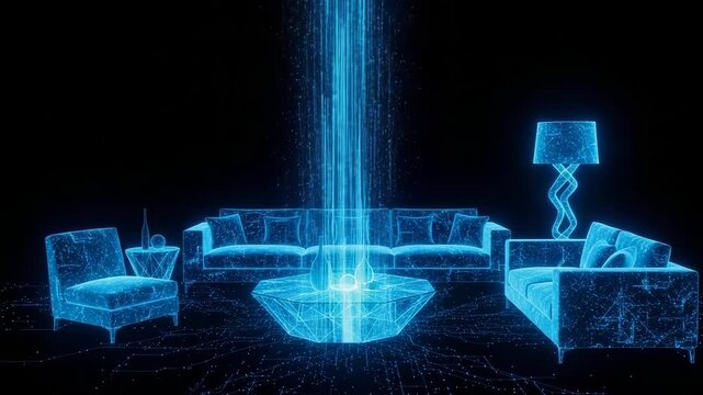 Futuristic Living Room Scene Depicting Digital Data Transfer Emanating From Glowing Coffee Table Showcasing Technological Concepts Digital Interiors With Dark Background For Abstract