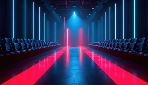 Empty runway show. Neon lights glow on catwalk with dark seats. Futuristic fashion venue awaits models and guests. Background ready for design.