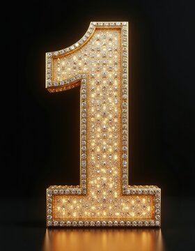 Golden number one digit completely covered with sparkling diamonds. Luxurious symbol of achievement, success, or first place. High value object for award or celebration themes.