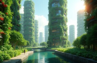 Fototapeta premium Person walks along canal in green city. Tall buildings covered in plants offer fresh air. Modern architecture blends nature with urban living.