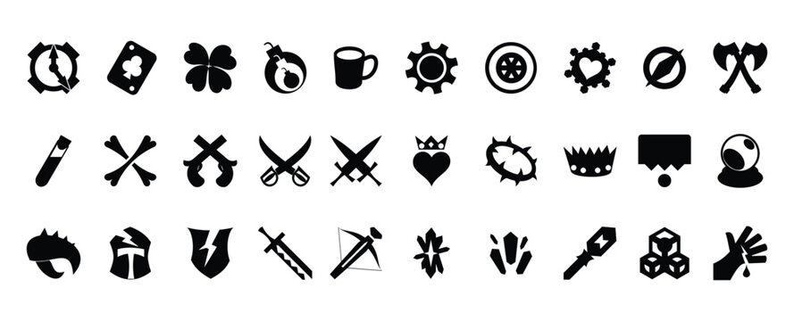 Printfantasy rpg game icon vector set with weapons, shields, mystical symbols, magic items and adventure interface design elements collection