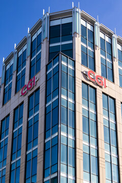 Quebec City, Quebec, Canada, April 26, 2026 - Low angle vertical view of the corner of the CGI building at 410 Charest East boulevard in the lower downtown

