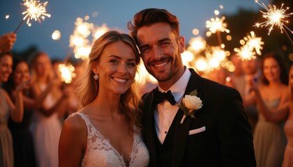 Naklejka premium Newly married couple smiles holding sparklers at night. Guests celebrate with friends and family. Romantic wedding party atmosphere fills the evening.