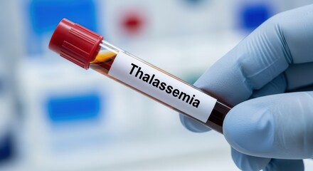 Naklejka premium Closeup of a gloved hand holding a blood sample labeled thalassemia for medical testing