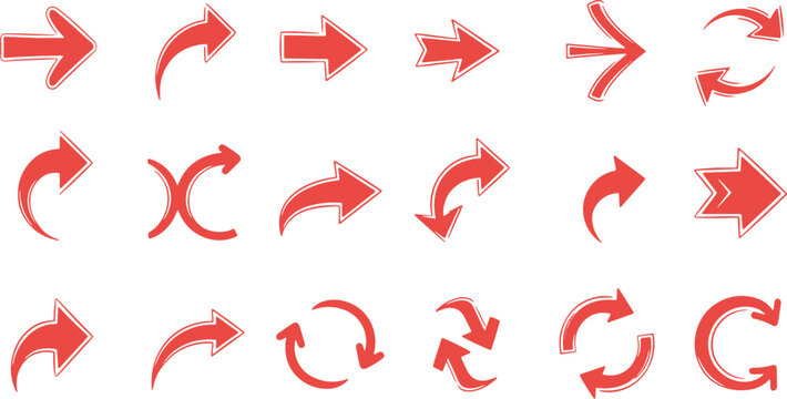 Collection of stylized red arrows with artistic flair for design and creative uses.