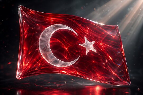 Ultra-Realistic 3D Glass Turkish Flag with Cinematic Light Rays