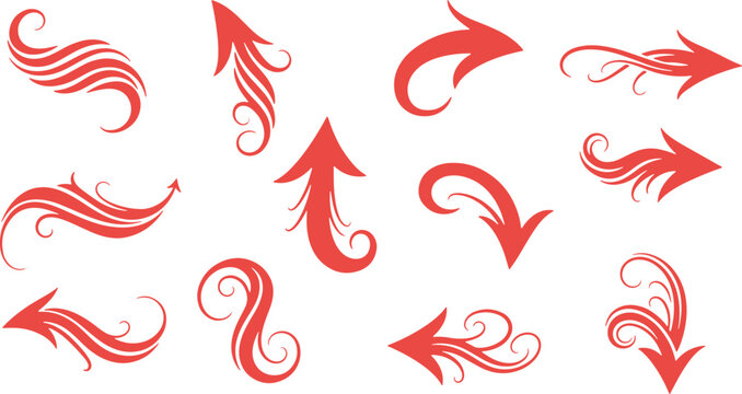 Ornate red arrows with swirling decorative elements for elegant design accents.