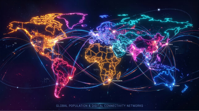 Multicolored neon world map with glowing data connection lines for World Population Day to represent global demographic network and unity

