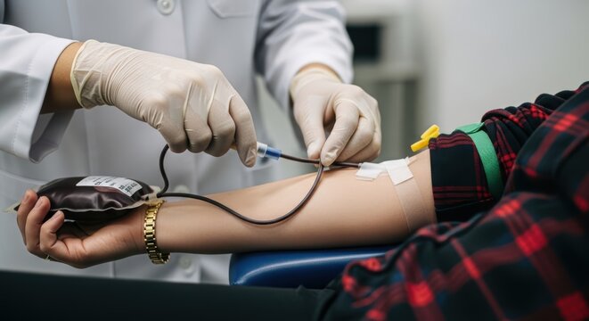 Medical professional preparing to administer blood transfusion to patient