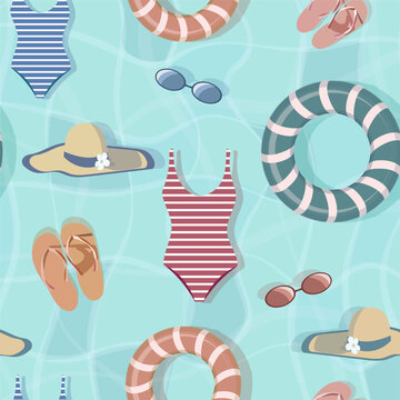 Retro Style Summer Beach Pattern on Blue Background, Hand Drawn
Seamless summer retro pattern with beach accessories on blue background.