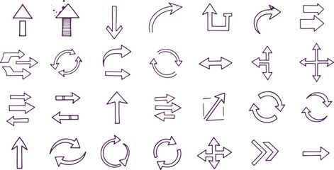 Fototapeta premium Collection of purple outline arrows on transparent grid background, versatile graphic elements.