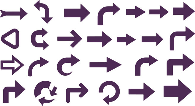 Simple purple solid arrows and pointers on transparent background for UI design.